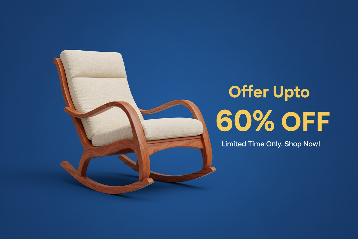 rosewood wooden rocking chair with cushion with Offer Upto 60% off banner size 1500*500 blue background