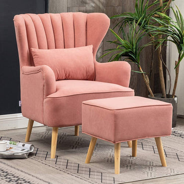 Modern Wing Chair for Living Room, Arm Chair with Ottoman/Footrest for Bedroom with Pouffes